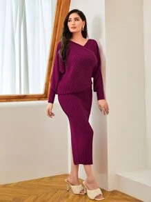 Modelyn Áo len nữ kết hợp Chia Trọn gói Gân đan màu trơn Thanh lịch - Màu tím - Xem 3