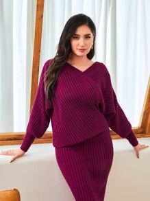 Modelyn Áo len nữ kết hợp Chia Trọn gói Gân đan màu trơn Thanh lịch - Màu tím - Xem 5