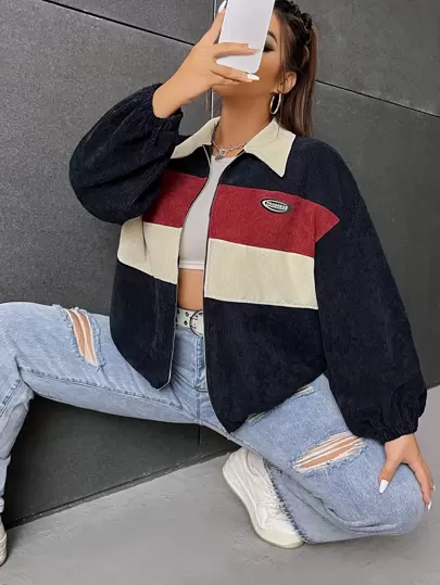 SHEIN EZwear 大碼拉鏈開襟貼布細節撞色燈芯絨夾克