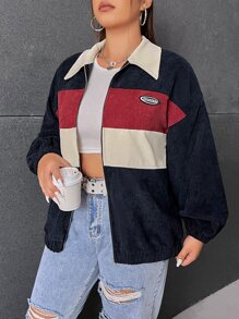 SHEIN EZwear Plus Size Women Casual Color Block Detail Fur Collar Barn Jacket, Autumn/Winter Fall