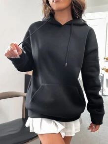 SHEIN Unity Capucha con estampado floral con slogan de hombros caídos con cordón - Negro - Ver 3