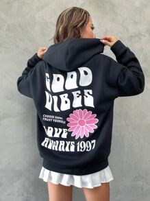 SHEIN Unity Capucha con estampado floral con slogan de hombros caídos con cordón - Negro - Ver 5