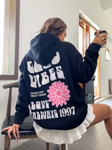 SHEIN Unity Capucha con estampado floral con slogan de hombros caídos con cordón - Negro - Ver 6
