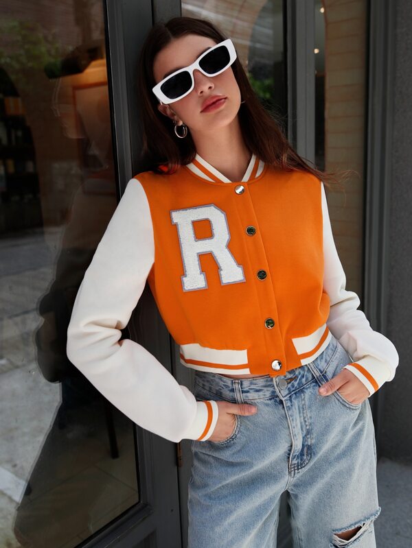 SHEIN EZwear Letter Patched Color Block Crop Varsity Jacket SHEIN USA