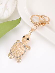 可愛的鑽石裝飾海龜吊飾鑰匙圈 - 杏色 - 查看 1