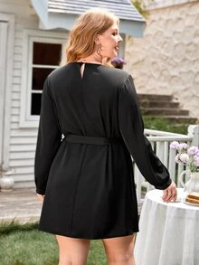 SHEIN Clasi Plus Solid Asymmetrical Hem Belted Dress - Black - View 2