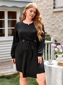 SHEIN Clasi Plus Solid Asymmetrical Hem Belted Dress - Black - View 1