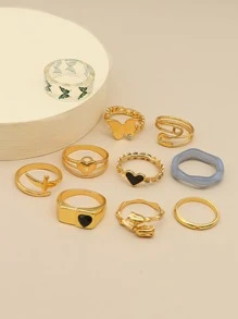 10 chiếc nhẫn trang trí trái tim & bướm - Vàng - Xem 2