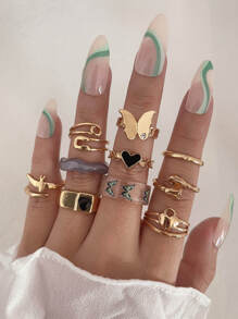 10 chiếc nhẫn trang trí trái tim & bướm - Vàng - Xem 1