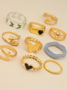 10 chiếc nhẫn trang trí trái tim & bướm - Vàng - Xem 3