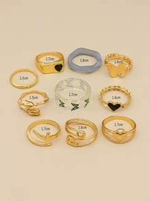 10 chiếc nhẫn trang trí trái tim & bướm - Vàng - Xem 4