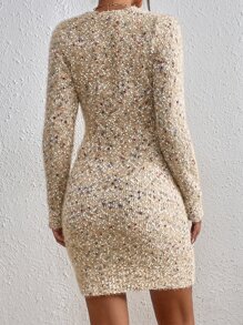 SHEIN Essnce V Neck Marled Knit Jumper Dress - Khaki - View 2