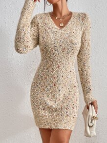 SHEIN Essnce V Neck Marled Knit Jumper Dress - Khaki - View 3