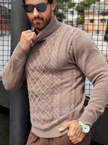 Manfinity Men Turtleneck Cable Knit Jumper - Khaki - View 1