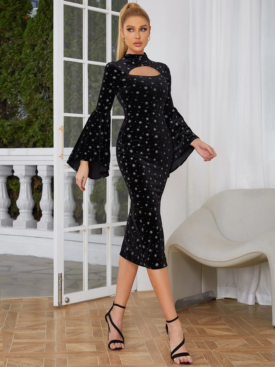 Snowflake Print Cut Out Flounce Sleeve Bodycon Dress - Black - View 1