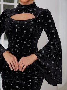 Snowflake Print Cut Out Flounce Sleeve Bodycon Dress - Black - View 6