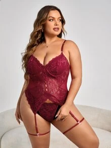 Plus 4pack Plant Lace Underwire Garter Lingerie Set Without Liner - Burgundy - View 1
