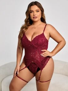 Plus 4pack Plant Lace Underwire Garter Lingerie Set Without Liner - Burgundy - View 4