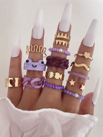 14 件心形和星形装饰戒指情人节