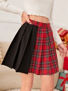 SHEIN 青少年女孩格紋印花百褶半身裙