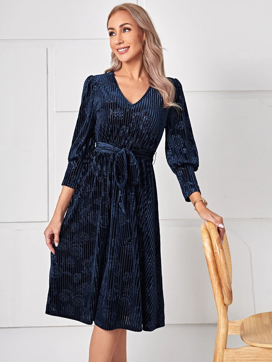 EMERY ROSE V-neck Belted A-line Dress - Navy Blue - View 1