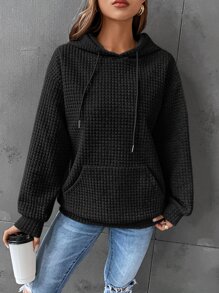 SHEIN EZwear 秋冬款口袋落肩抽绳连帽衫 - 黑色 - 查看 4