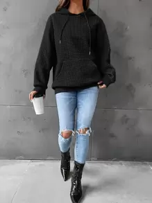 SHEIN EZwear 秋冬款口袋落肩抽绳连帽衫 - 黑色 - 查看 5