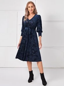 EMERY ROSE V-neck Belted A-line Dress - Navy Blue - View 4