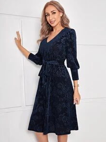 EMERY ROSE V-neck Belted A-line Dress - Navy Blue - View 5