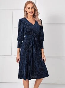 EMERY ROSE V-neck Belted A-line Dress - Navy Blue - View 6