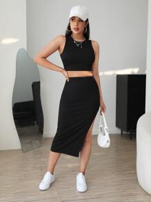SHEIN Essnce Solid Tank Top & Split Thigh Skirt - Black - View 4