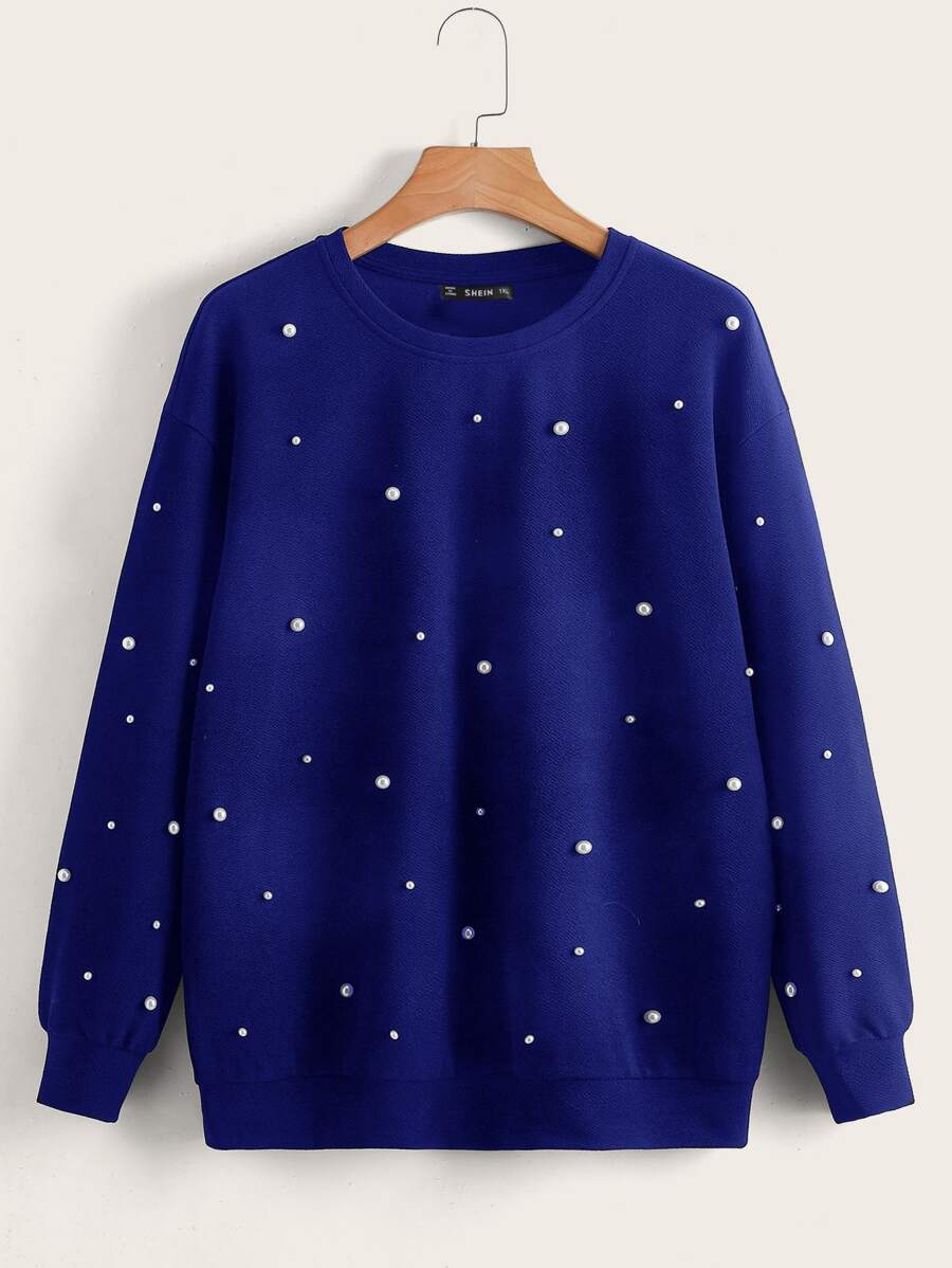 SHEIN LUNE Plus Drop Shoulder Pearl Beaded Pullover - Royal Blue - View 1