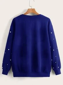 SHEIN LUNE Plus Drop Shoulder Pearl Beaded Pullover - Royal Blue - View 2