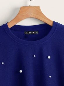 SHEIN LUNE Plus Drop Shoulder Pearl Beaded Pullover - Royal Blue - View 4
