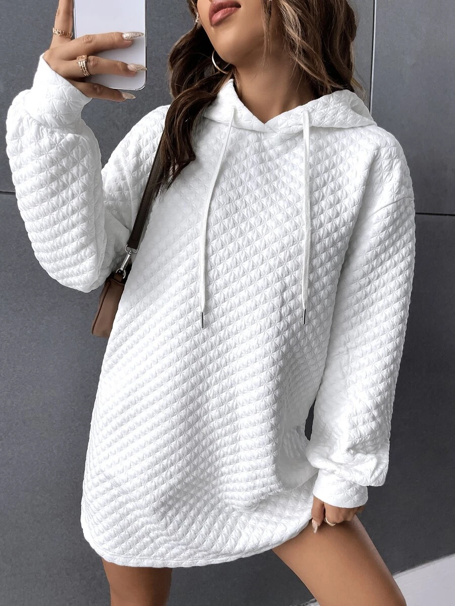 Muchica Drop Shoulder Drawstring Hoodie Dress - White - View 1