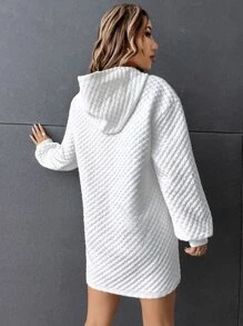 Muchica Drop Shoulder Drawstring Hoodie Dress - White - View 2