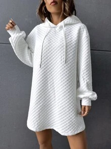 Muchica Drop Shoulder Drawstring Hoodie Dress - White - View 3