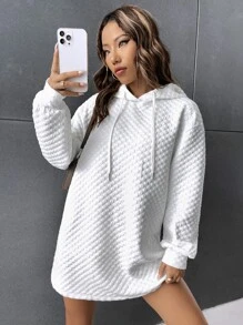 Muchica Drop Shoulder Drawstring Hoodie Dress - White - View 5