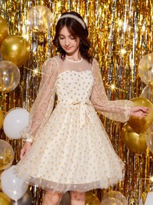 Pitira Pitira 青少年女孩燈籠袖自綁腰帶金屬亮絲愛心圖案網紗洋裝 - 杏色 - 查看 2