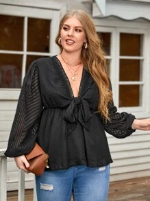 SHEIN LUNE Blusa con encaje en contraste con cordón delantero - Negro - Ver 4
