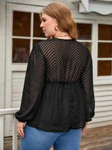 SHEIN LUNE Blusa con encaje en contraste con cordón delantero - Negro - Ver 2