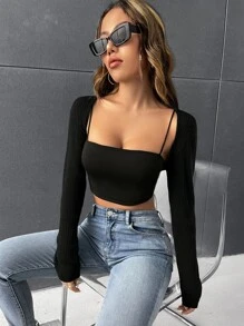 SHEIN ICON Cárdigan corto tejido de canalé sin top de tirantes - Negro - Ver 5