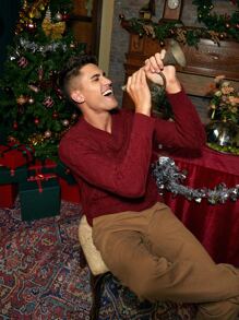 Manfinity Men Cable Knit Jumper - Burgundy - View 1