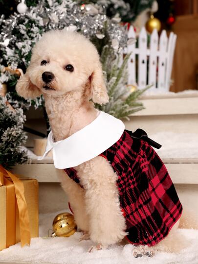 PETSIN 1pc Pet Dog/Cat Christmas Plaid Puff Sleeve Dress