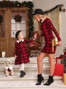 PETSIN 1pc Pet Dog/Cat Christmas Plaid Puff Sleeve Dress - Multicolor - View 4