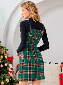 Solid Tee & Tartan Overall Dress for Christmas - Dark Green - View 2