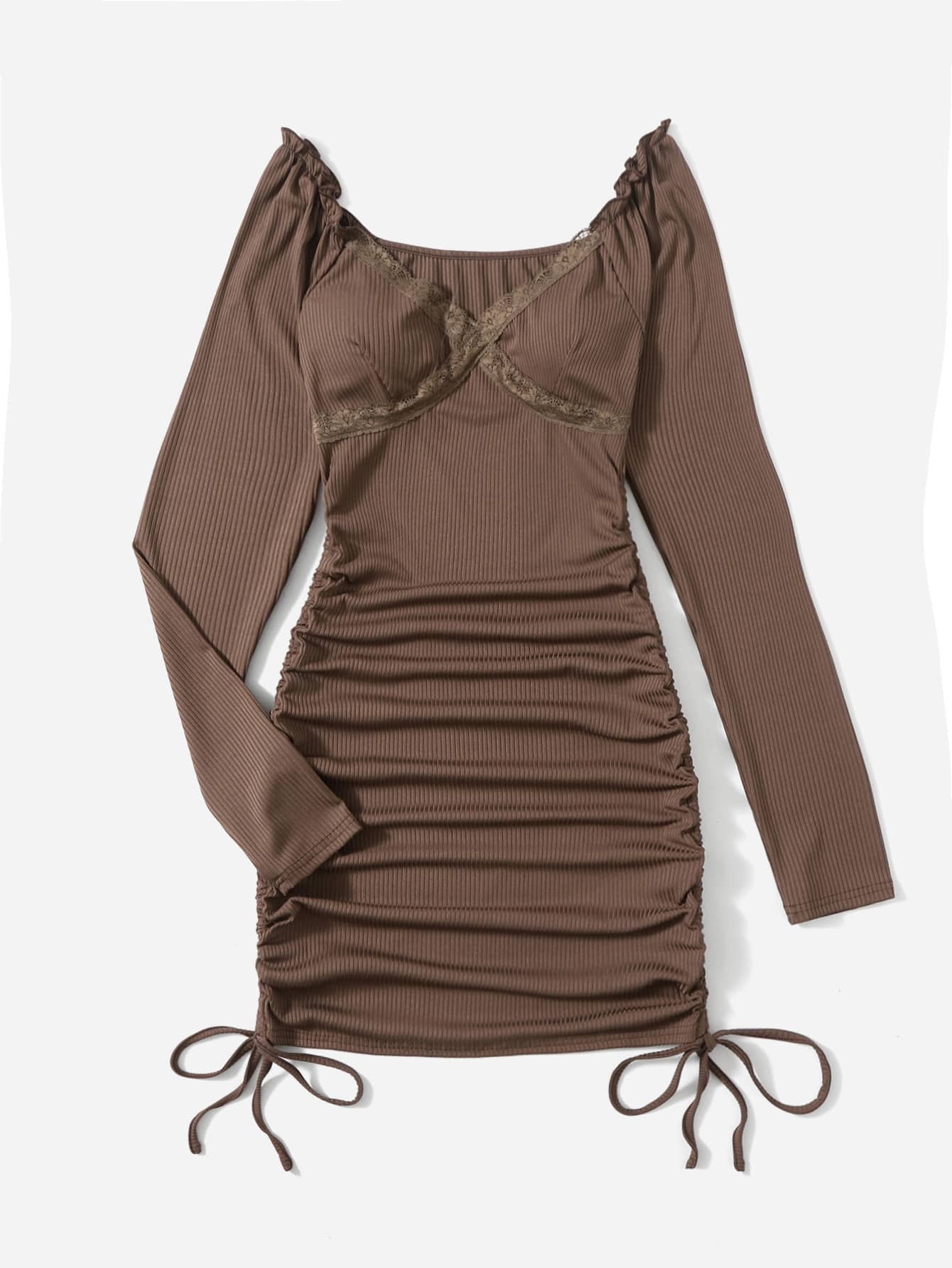 zara brown dress ruched Zara Brown Ribbed Knit Short Sleeve Side Ruched Tie Mini Bodycon Dress Size  S