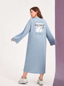 Mulvari Đầm Plus Size Nút phía trước Slogan Giải trí - Màu xanh nhạt - Xem 1