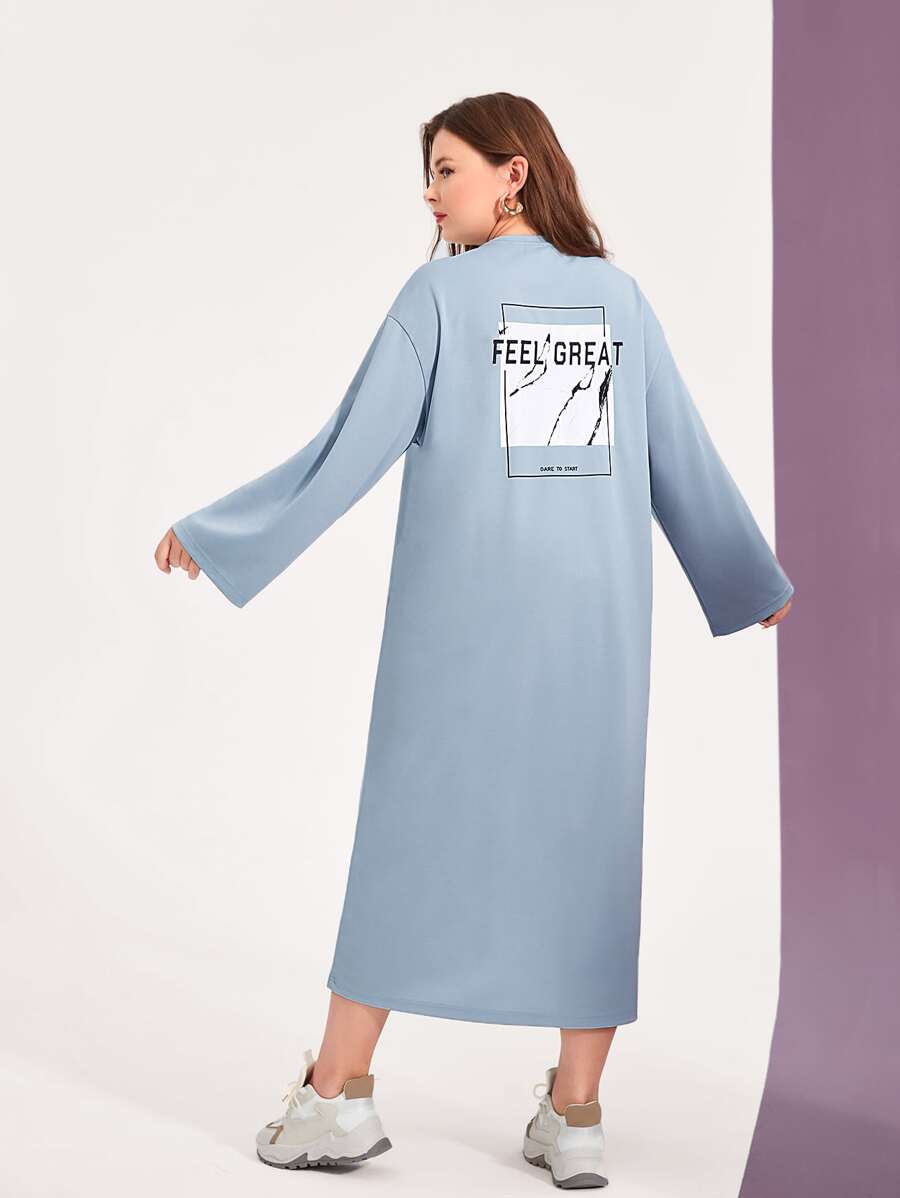 Mulvari Đầm Plus Size Nút phía trước Slogan Giải trí - Màu xanh nhạt - Xem 1