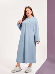 Mulvari Đầm Plus Size Nút phía trước Slogan Giải trí - Màu xanh nhạt - Xem 3